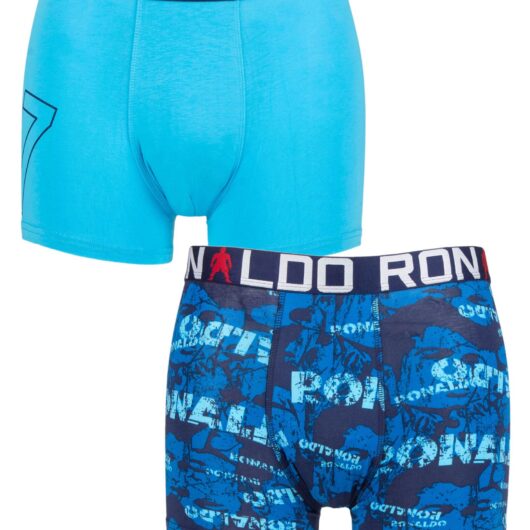 Boys 2 Pack CR7 Cotton Boxer Shorts Solid Aquarius/Print 13-15 Years