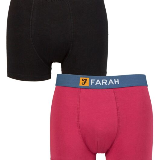 Mens 2 Pack Farah Cotton Classic Fitted Trunks Denim / Berry XL