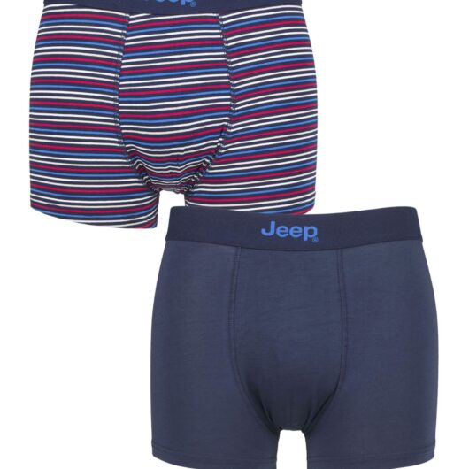 Mens 2 Pack Jeep Plain and Fine Striped Fitted Bamboo Trunks Navy / Stripe Medium