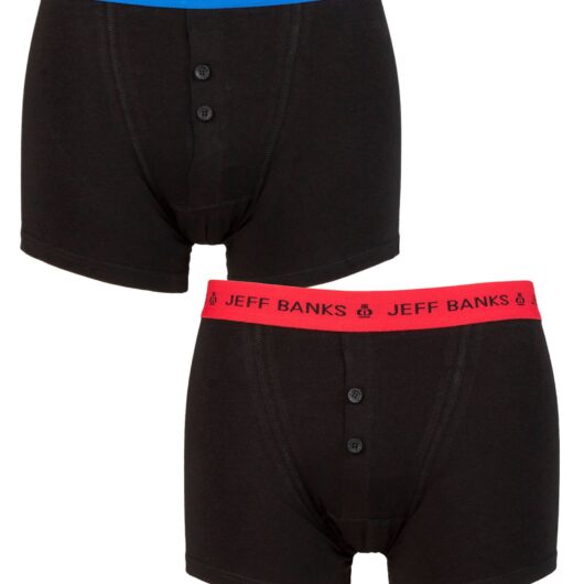 Mens 2 Pack Jeff Banks Plymouth Button Cotton Boxer Shorts Black Blue / Red M