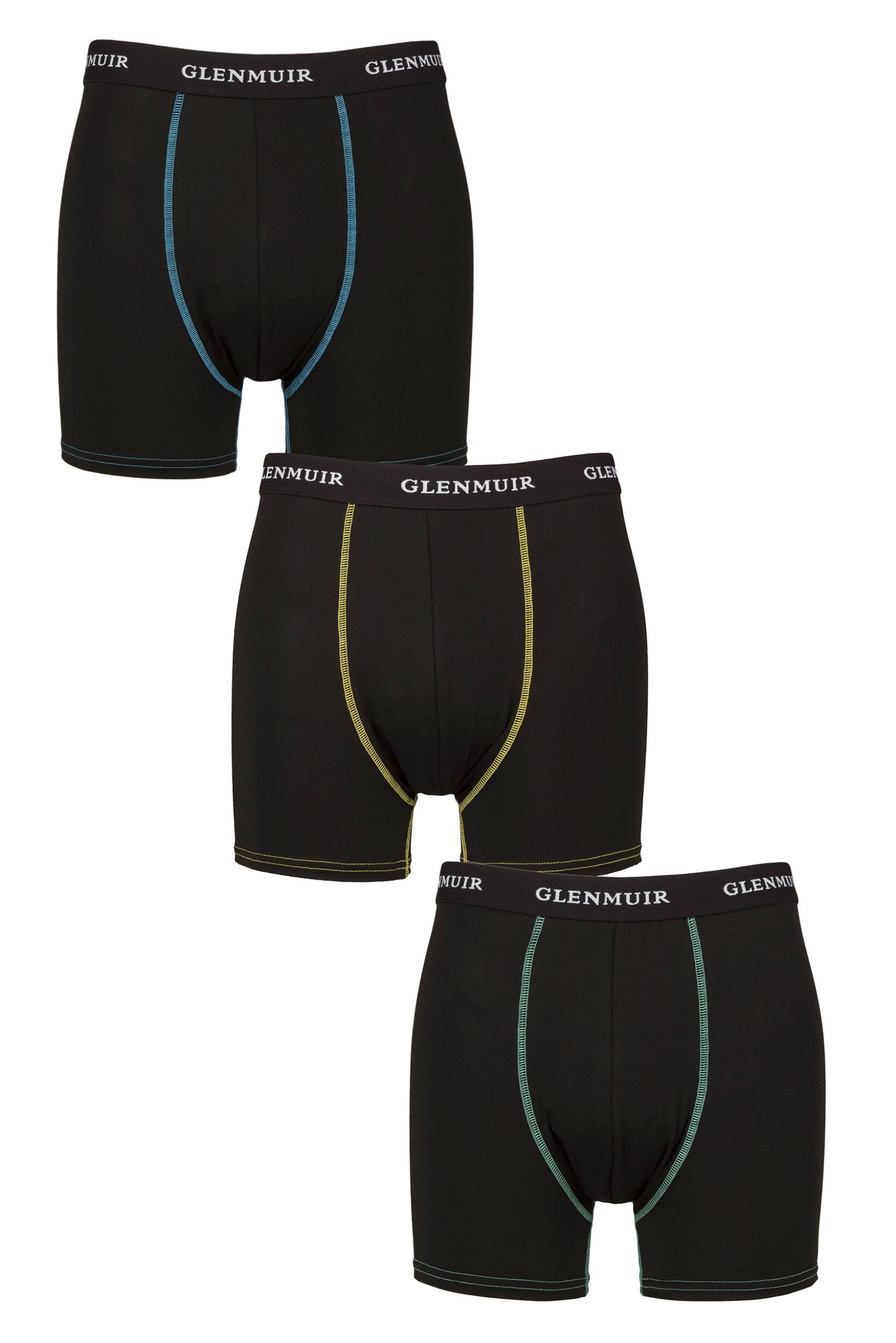 Mens 3 Pack Glenmuir Sports Performance Trunks Black Blue / Orange / Teal M