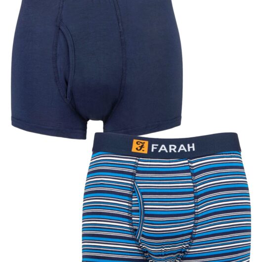 Mens 2 Pack Farah Classic Striped and Plain Bamboo Keyhole Trunks Navy / Blue XXL