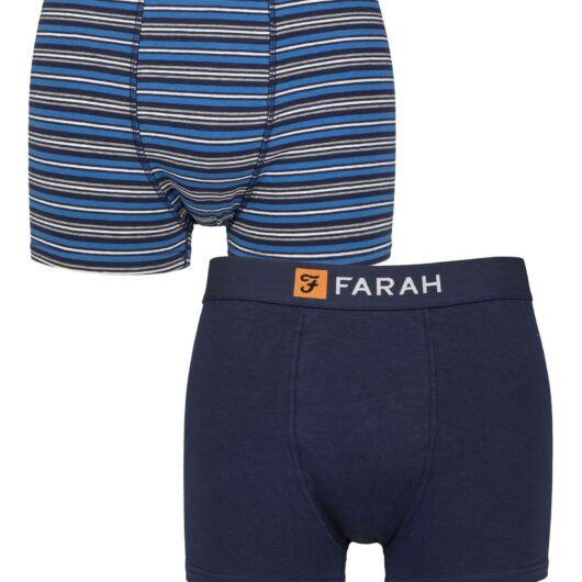 Mens 2 Pack Farah Plain and Striped Cotton Classic Fitted Trunks Fine Stripe Navy / Blue L