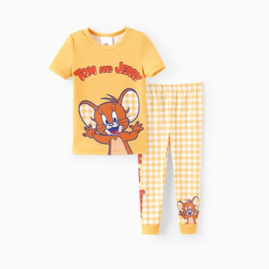 Tom and Jerry Toddler Boy 2pcs Naia™ Character Plaid Pattern Short-sleeve Snug-Fitting Pajamas Set