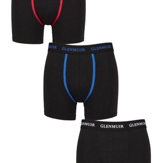 Mens 3 Pack Glenmuir Cotton and Bamboo Blend Long Leg Trunks Black/ Red/White/Blue L