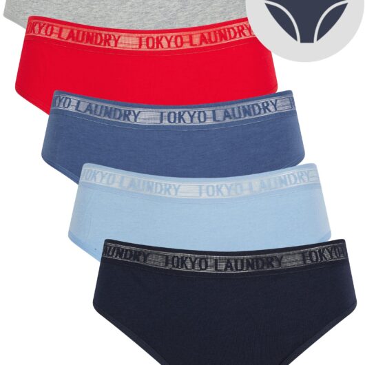 Womens Underwear Ayla 3 (5 Pack) Cotton Assorted Briefs with Mesh Waistband in Peacoat / Hydrangea Blue / Gray Blue / Urban Red / Light Grey Marl / XS - Tokyo Laundry