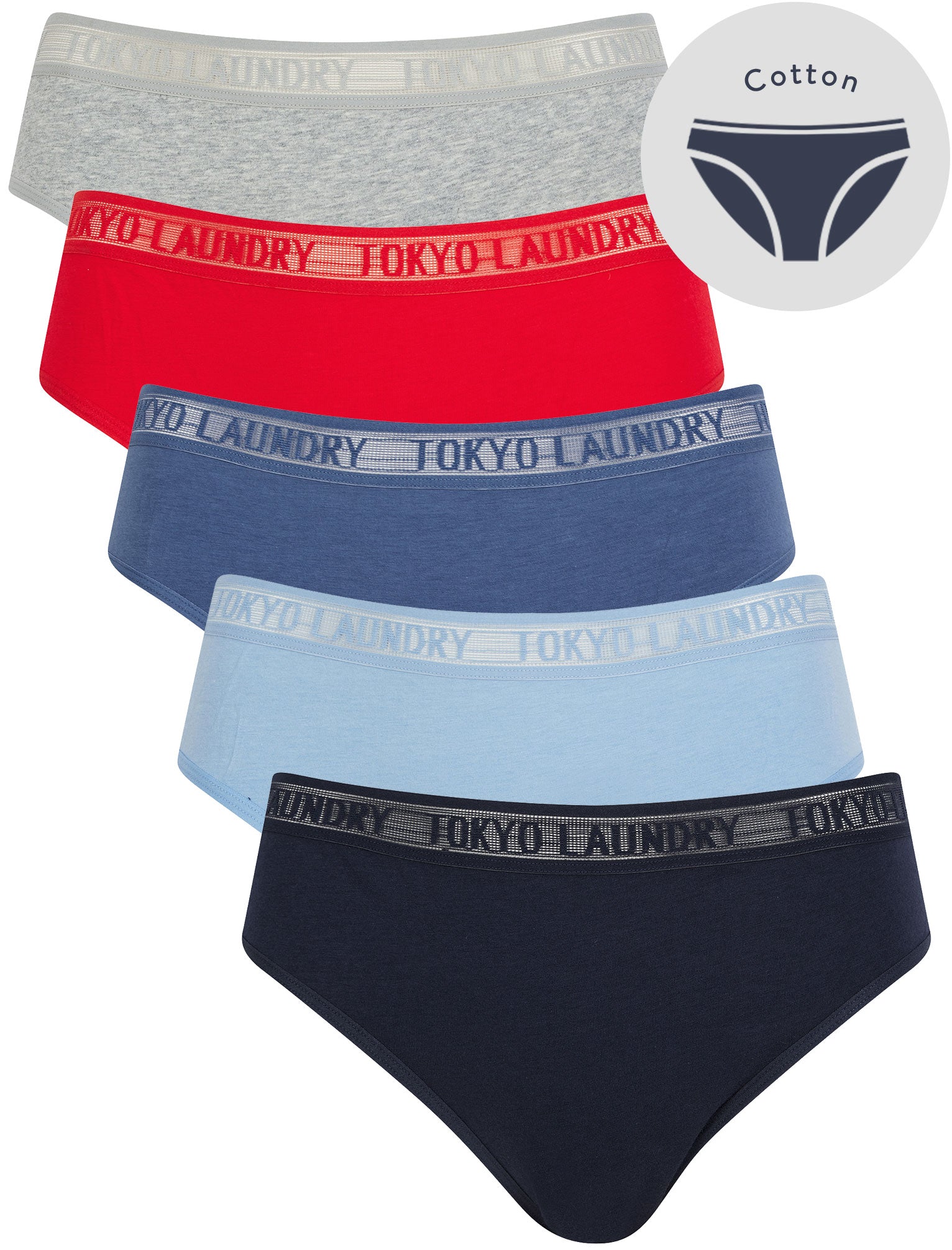 Womens Underwear Ayla 3 (5 Pack) Cotton Assorted Briefs with Mesh Waistband in Peacoat / Hydrangea Blue / Gray Blue / Urban Red / Light Grey Marl / XS - Tokyo Laundry