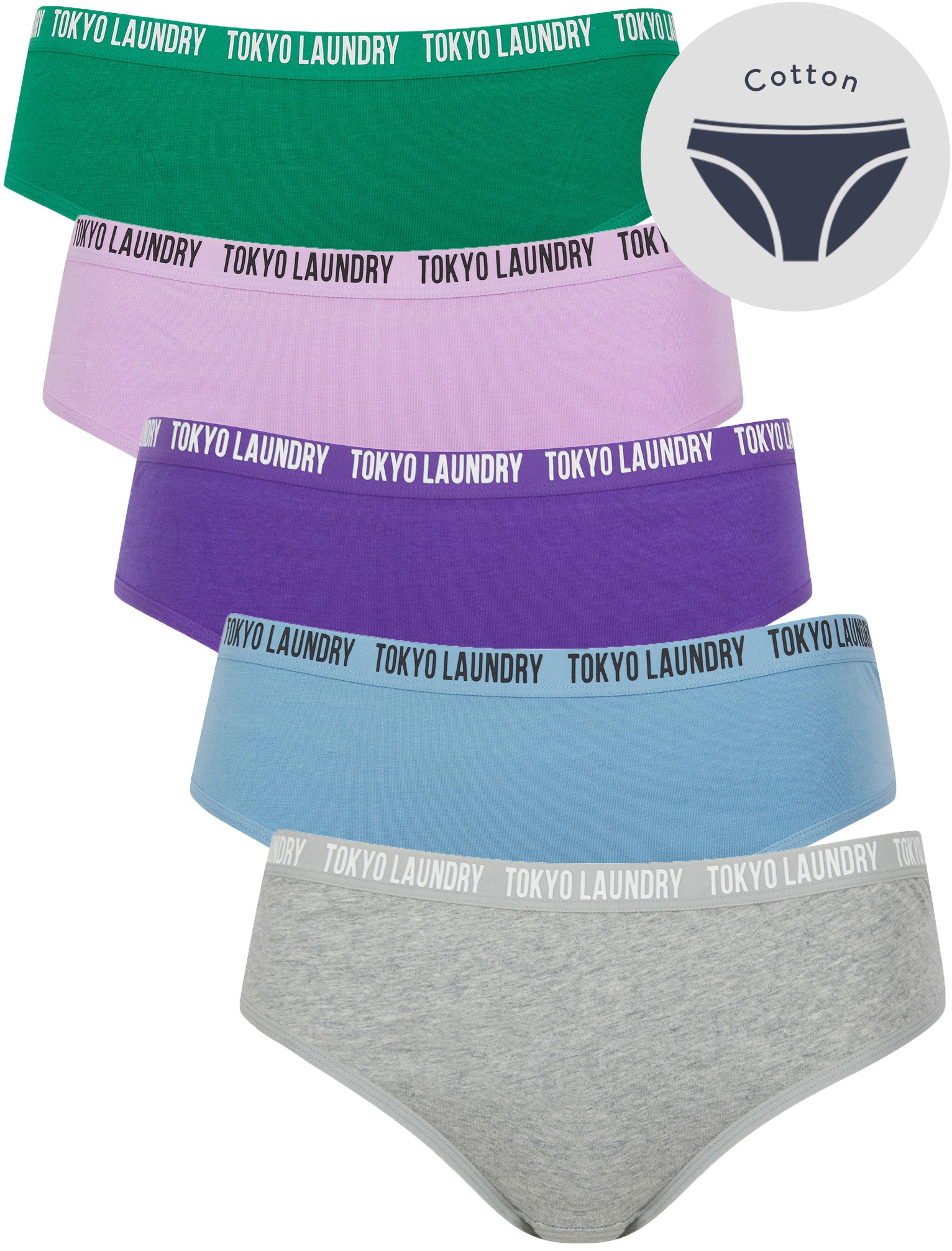 Womens Underwear Zara 12 (5 Pack) Assorted Stretch Cotton Briefs in Light Grey Marl / Allure Blue / Royal Purple / Crocus Petal / Pepper Green / XS - Tokyo Laundry