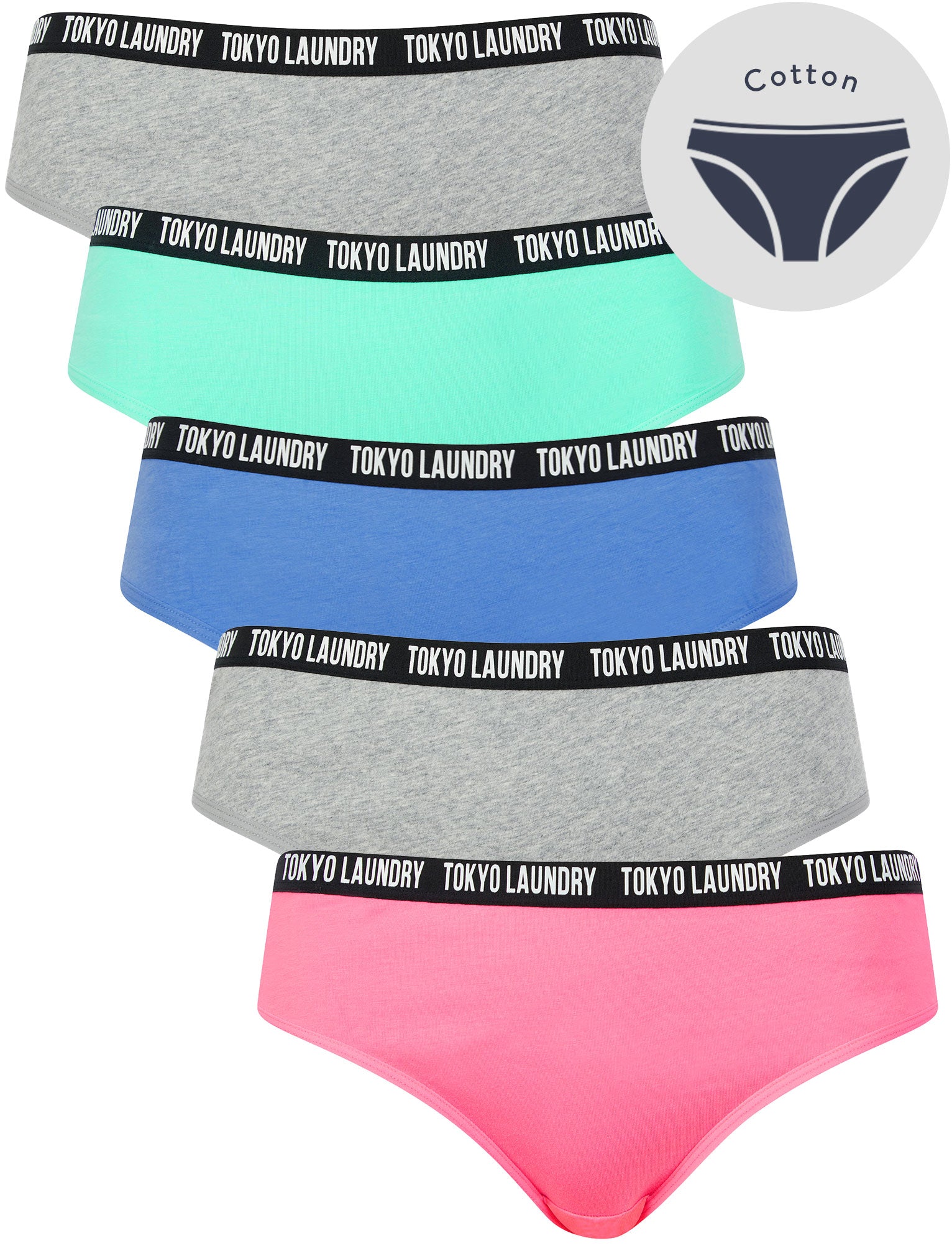 Womens Underwear Zara 7 (5 Pack) Cotton Assorted Briefs in Pink Cosmos / Light Grey Marl / Blue Bonnet / Pool Blue / XS - Tokyo Laundry