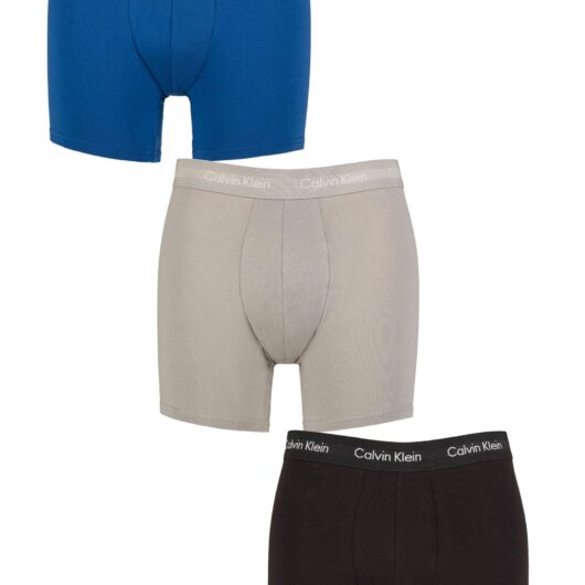 Mens 3 Pack Calvin Klein Cotton Stretch Longer Leg Trunks Classic Blue / Porpoise / Black L