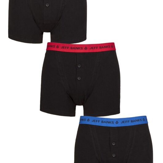 Mens 3 Pack Jeff Banks Marlow Buttoned Boxer Shorts Black Red / Blue / Black XL