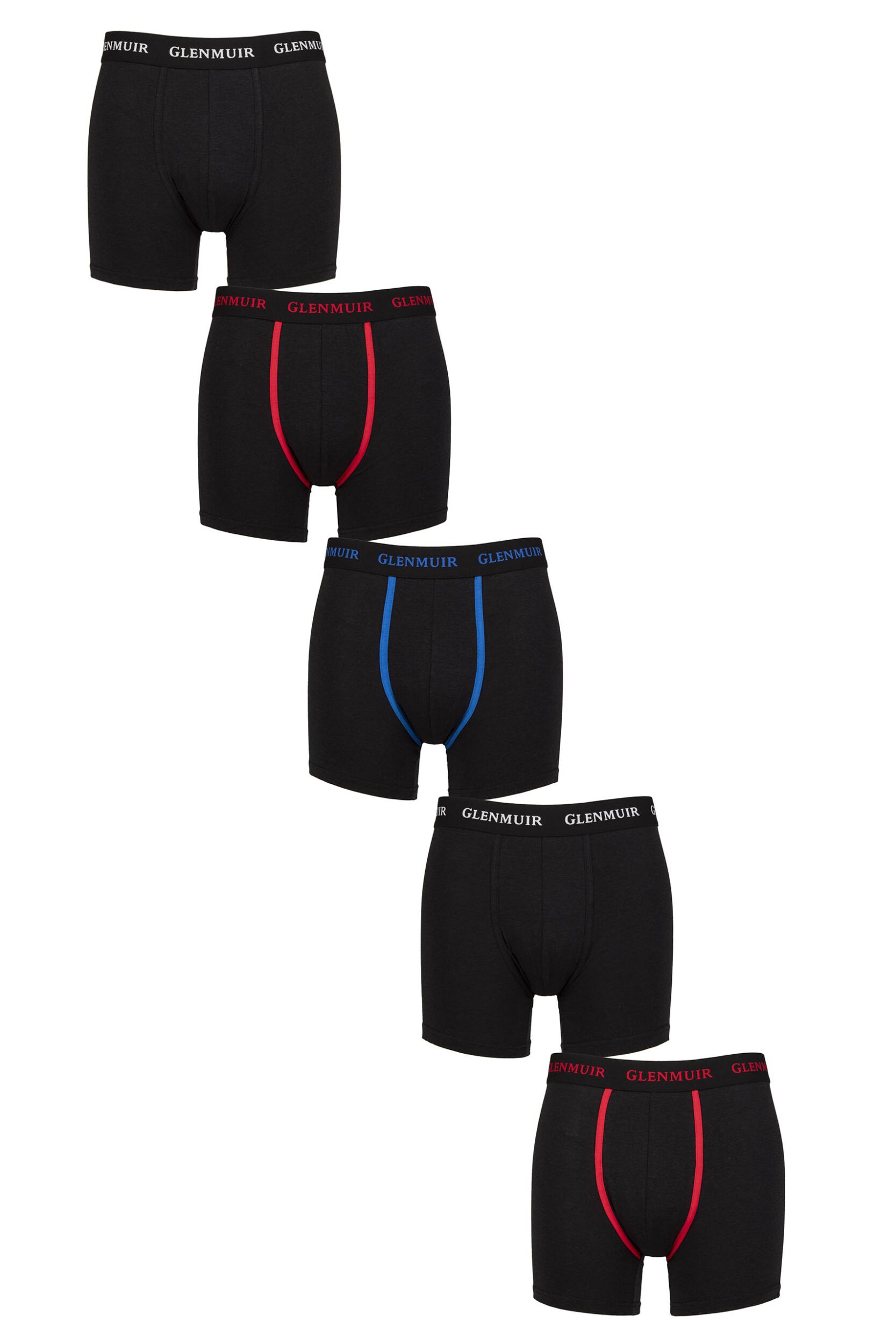 Mens 5 Pack Glenmuir Cotton and Bamboo Blend Boxers Black Red / White / Blue M
