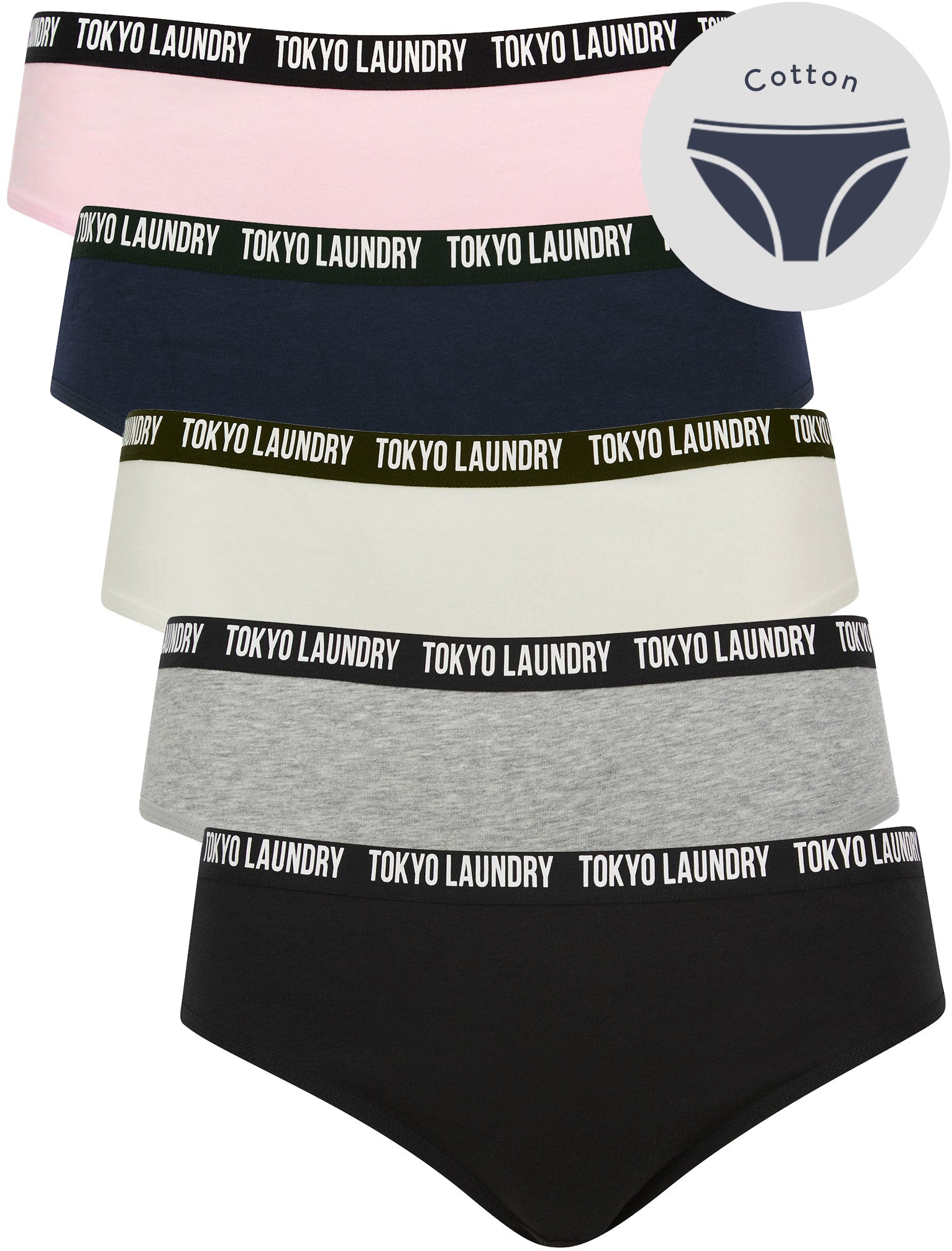 Womens Underwear Zara 21 (5 Pack) Assorted Stretch Cotton Briefs in Peakaboo Pink / Peacoat Blue / Snow White / Light Grey Marl / Jet Black / XS - Tokyo Laundry