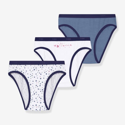 Pack of 3 Stretch Cotton Briefs for Girls, Les Pockets blue