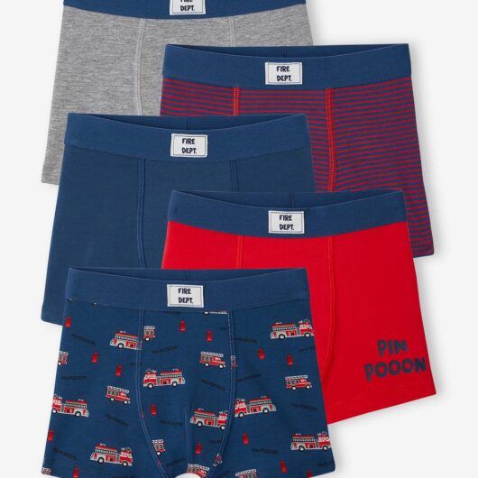 Pack of 5 "Firefighter" Stretch Boxers in Organic Cotton for Boys ocean blue