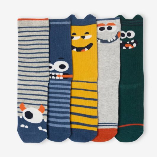 Pack of 5 Pairs of "Monster" Socks for Boys navy blue