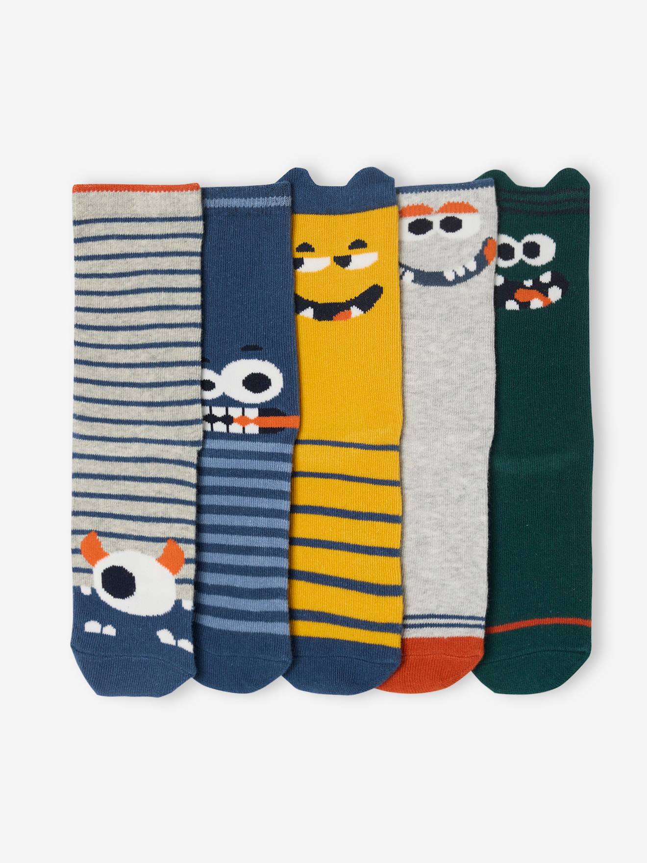 Pack of 5 Pairs of "Monster" Socks for Boys navy blue