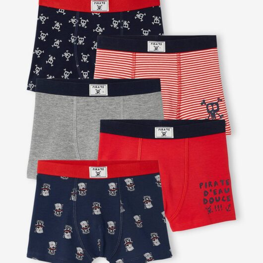 Pack of 5 Pairs of Stretch "Pirates" Boxer Shorts for Boys blue dark all over printed