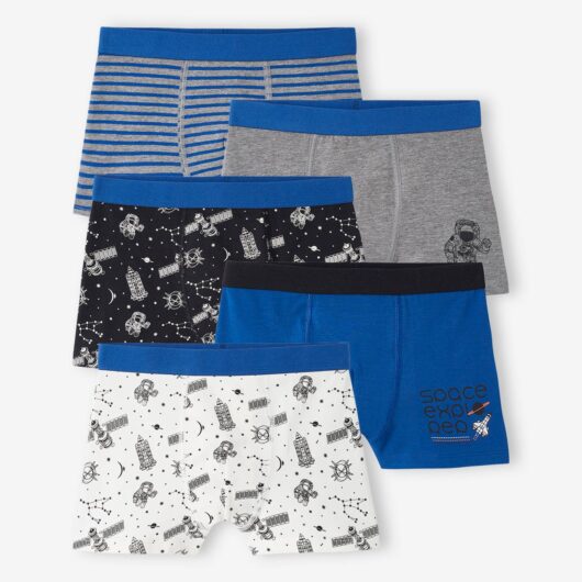 Pack of 5 Stretch Boxers for Boys, "Space" royal blue