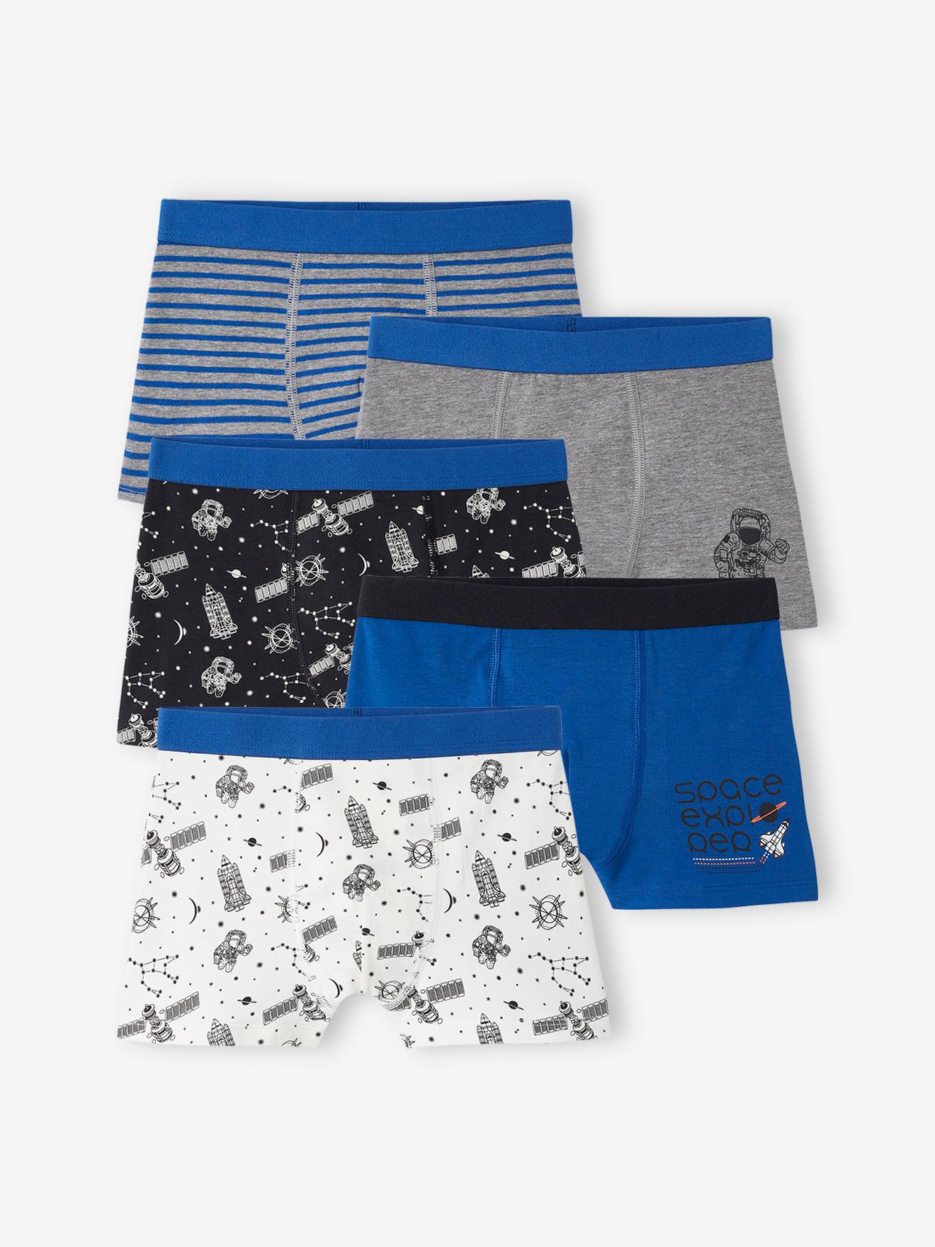 Pack of 5 Stretch Boxers for Boys, "Space" royal blue