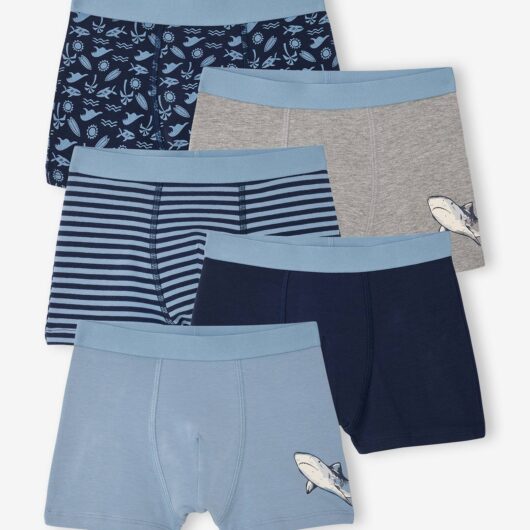 Pack of 5 shark print boxers for boys grey blue