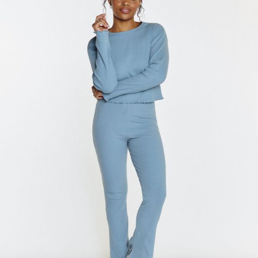 Boux Avenue Ribbed cotton flared trousers - Steel Blue - 12