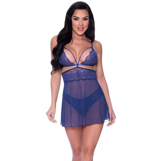 Magic Silk Exposed Blueberry Baby Doll & Panty Set Plus Size - Blue - Plus size