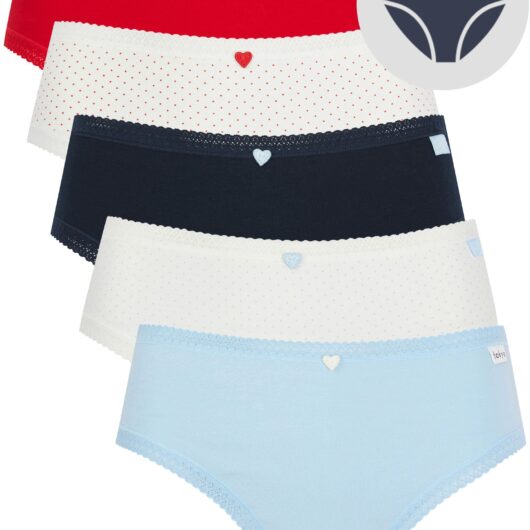 Womens Underwear Maria Heart (5 Pack) Assorted Stretch Cotton Briefs with Lace Trim in Barbados Cherry / Sugar Swizzle / Sky Captain Navy / Cashmere Blue / XS - Tokyo Laundry