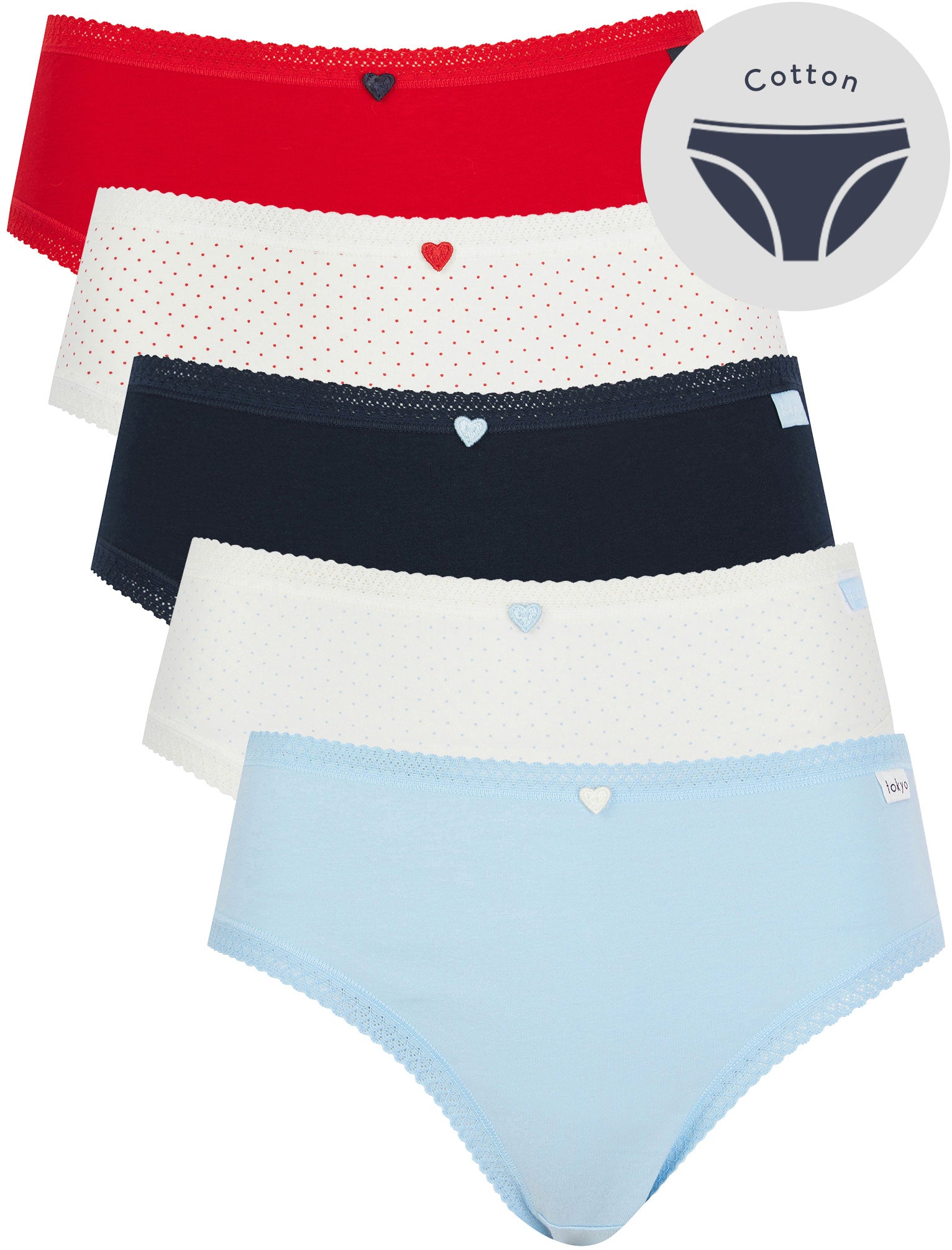 Womens Underwear Maria Heart (5 Pack) Assorted Stretch Cotton Briefs with Lace Trim in Barbados Cherry / Sugar Swizzle / Sky Captain Navy / Cashmere Blue / XS - Tokyo Laundry